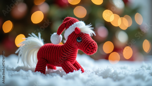 Cute knitted red horse toy with Santa hat near glowing Christmas tree, snowy surface, warm cozy bokeh background, handmade winter decoration