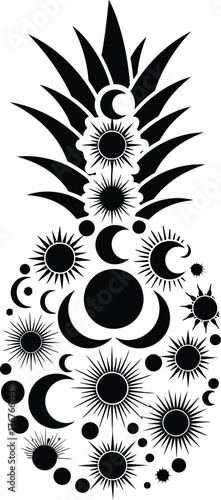 Mystical pineapple illustration blending celestial bodies sun moon stars and tropical fruit design on white background