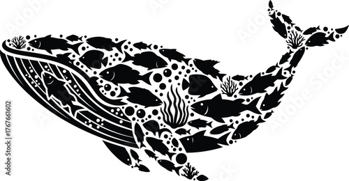 Whale Shaped from Fish Bubbles and Seaweed Graphic for Ocean Conservation and Marine Life Theme