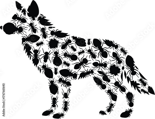 Abstract dog silhouette formed by ants creating a unique animal design black and white