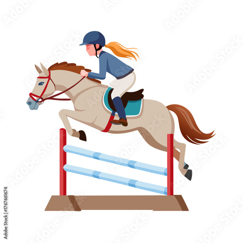 Young horse rider girl jumping over a barrier on show jumping course in equestrian sports competition.icon