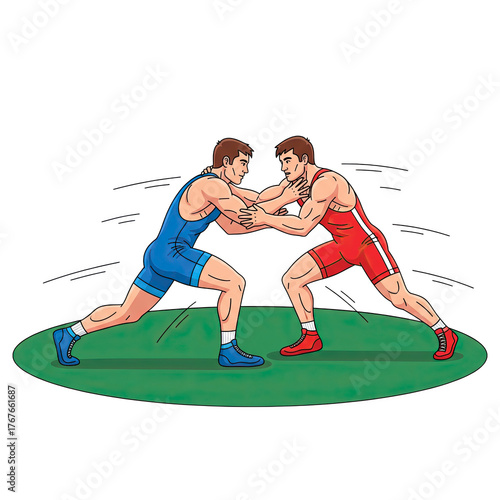 Two Wrestlers Grappling On Green Mat In Competitive Stance Isolated On Transparent Background