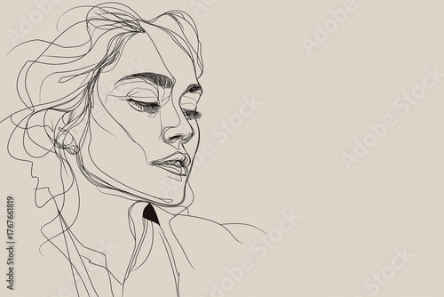 Line Art Portrait outline illustration of fair Indian woman, fine continuous lines, creative design tone