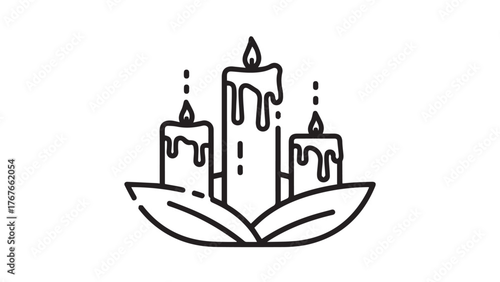 Fototapeta premium Line-Art Candle Centerpiece with Leaf Base, Three Monoline Candles and Drips, Minimal Black Outline Icon for Modern Holiday Tables and Menus