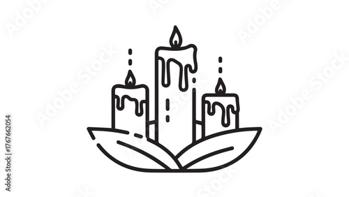 Line-Art Candle Centerpiece with Leaf Base, Three Monoline Candles and Drips, Minimal Black Outline Icon for Modern Holiday Tables and Menus