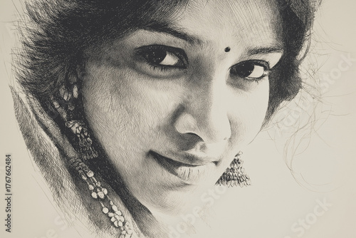 Pencil Sketch Portrait fair Indian woman hand-drawn with graphite texture, artistic monochrome tone