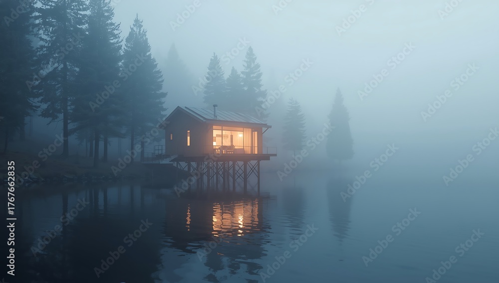 Obraz premium Foggy lake house retreat: serene cabin on stilts in misty forest landscape scenery
