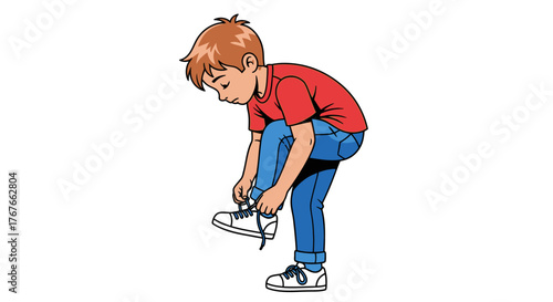 Cartoon illustration of a young boy learning to tie his shoelaces with focus and determination in