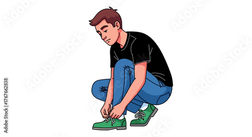 Cartoon illustration depicting a young man tying his shoelaces, wearing casual clothing and green