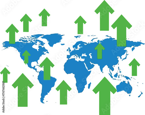 Global growth illustration showing upward pointing arrows over a world map concept business expansion and market trends