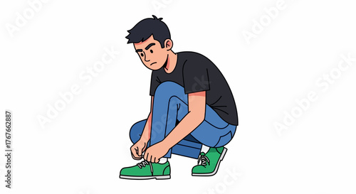 Squatting Man Illustration tying his Shoelaces wearing green running Shoes with blue Jeans and