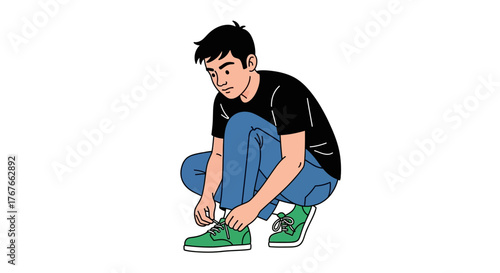 Focused young man crouching and tying shoelaces on vibrant green sneakers illustration