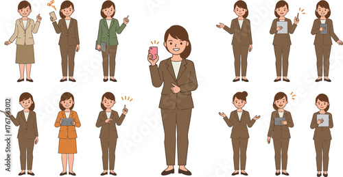 Set of full-length vector illustrations of a professional business woman posing in different suits and outfits, showing various poses, actions, and emotions for office