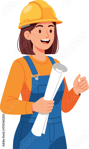 Happy and confident female construction worker or engineer wearing a yellow hard hat and overalls, holding a rolled blueprint or building plan, giving a thumbs up sign.