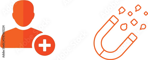 User icon with plus sign and magnet attracting pieces illustration recruitment and attracting customers isolated on white background