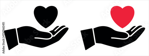 Minimalist Hand Holding Black Heart Icon Vector Illustration. Symbol for Love, Generosity, Care, Empathy, and Valentine's Day Design.
