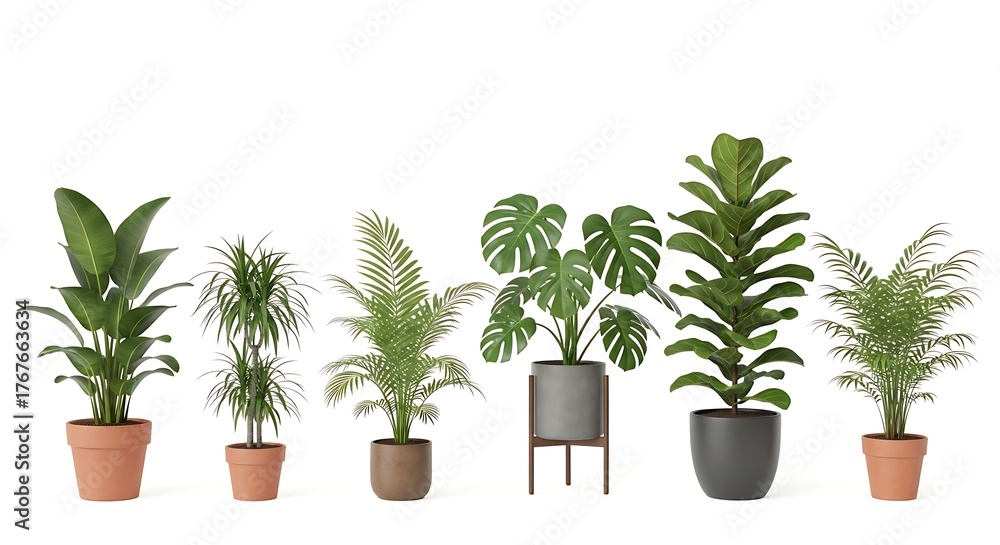 Fototapeta premium Assortment of various potted green houseplants isolated on white background
