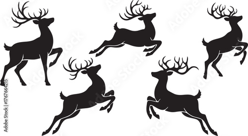 Majestic stag silhouettes in dynamic poses capturing the spirit of the wild, perfect for festive and nature-themed designs