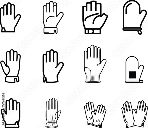 Collection of diverse glove icons representing various types of hand protection and workwear