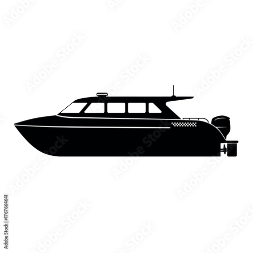 Black Silhouette of a Motorboat with an Outboard Motor.