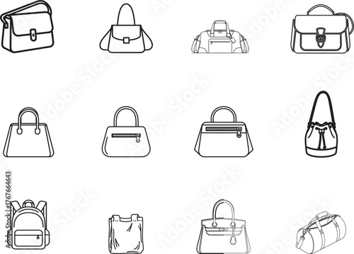 Collection of hand drawn line art sketches of various stylish handbags and purses on a white background
