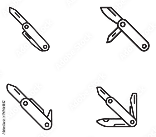 Collection of multi tool pocket knife icons with various functions and tools in silhouette style