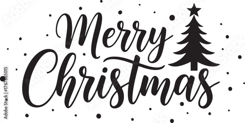 Elegant Merry Christmas script with festive tree and falling snow evokes holiday cheer and warm wishes for loved ones
