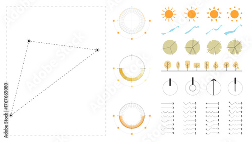 architecture site analysis symbol icon element drawing graphic flat isolated vector. architecture element line sun wind sound sun path vegetation.