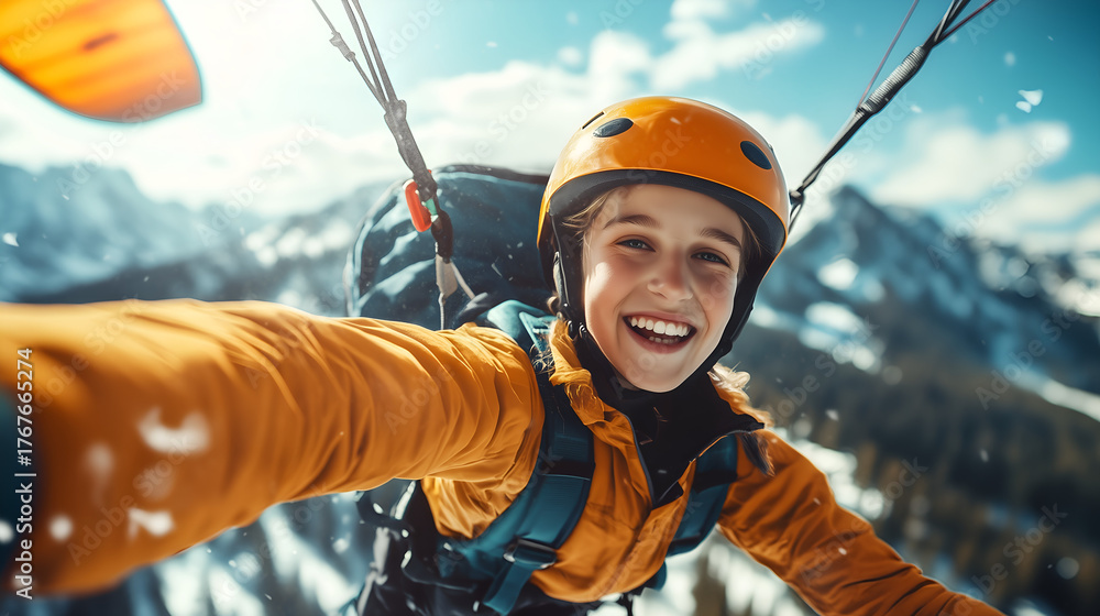 Fototapeta premium Happy Paraglider Taking Selfie in Midair Over Snowy Mountains Wearing Safety Helmet and Gear