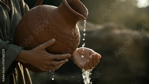Woman pours water from an ancient clay pitcher into her hands, quenching thirst and symbolizing refreshment and traditional ritual footage.