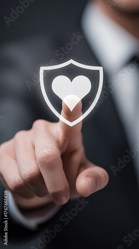 Businessman touching heart inside a protective shield, symbolizing employee well-being, workplace security, care, corporate culture, health protection, and positive business values. Vertical bg.