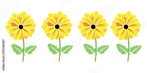 Bright Yellow Flowers in a Row on White Background

Beautiful Yellow Blossoms with Green Leaves Illustration

Spring Floral Pattern with Yellow Petals and Green Stems

Cute Cartoon Yellow Flowers Vect