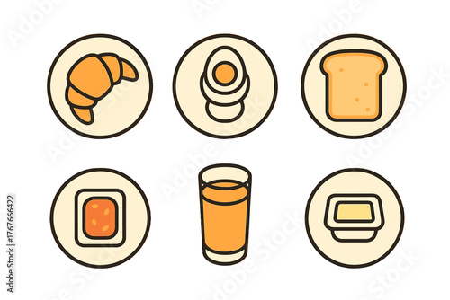 Essential breakfast foods including croissant, boiled egg, toast, jam, and orange juice