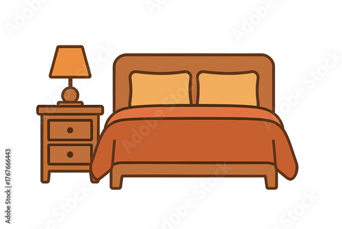 Cozy bedroom furniture set featuring a large double bed and a wooden nightstand with a glowing lamp
