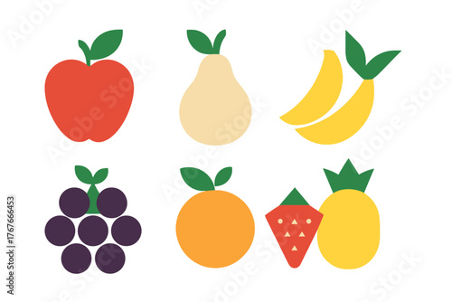 Colorful set of geometric fruits including apple pear banana grapes orange and pineapple