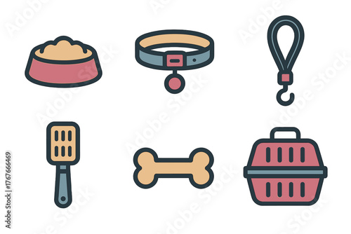 Colorful flat design symbols depicting common domestic animal accessories and pet grooming tools