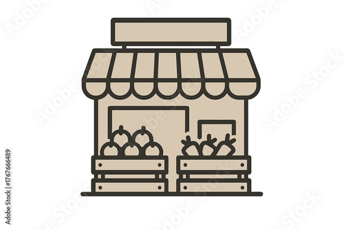 Roadside produce stand with awning and crates of organic fruits and vegetables