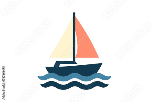 Minimalist geometric sailboat icon floating on stylized blue ocean waves and abstract sea