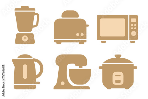 Collection of essential kitchen appliances icons in a modern flat design style