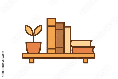 Simple wooden shelf displaying a row of books and a small potted houseplant