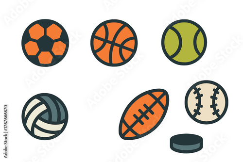 Group of essential sports balls and equipment symbols for team games and individual activities