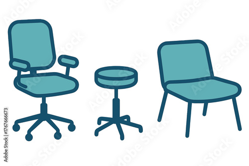 Collection of modern office seating: ergonomic chair, swivel stool, and simple four-legged chair