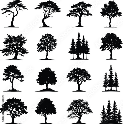 Monochrome Grid of Sixteen Stylized Tree Silhouettes Featuring Diverse Canopy Shapes Trunk Structures and Branching Patterns in a Black and White Design Emphasizing Botanical Variety and Natural Form