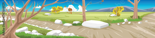 Landscape of dirt road with a curve at an intersection. Open landscape is lined with deciduous trees and dense rocks with tall grass on both sides. Mountain under blue sky and white clouds.