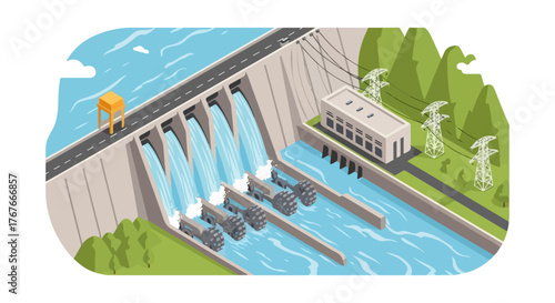 Water Power Plant Vector – Renewable Water Turbine Energy and Green Technology - Waterfall Hydro Power Plant Vector – Clean Energy and Sustainable Electricity