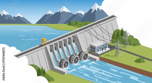 Hydroelectric Water Power Plant Vector – Renewable Water Turbine Energy and Green Technology - Waterfall Hydro Power Plant Vector – Clean Energy and Sustainable Electricity