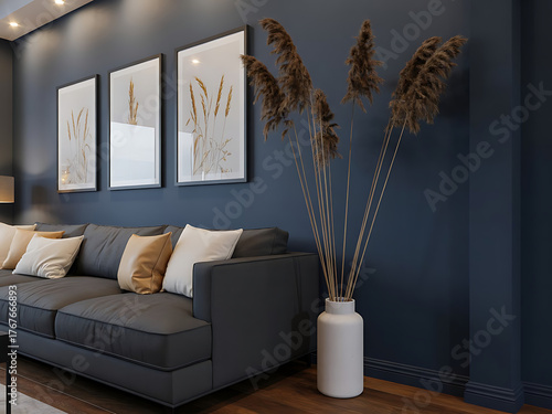 Modern and unique style living room with white wall, framed wheat art, deep gray sofa, pampas grass, and cozy lighting.