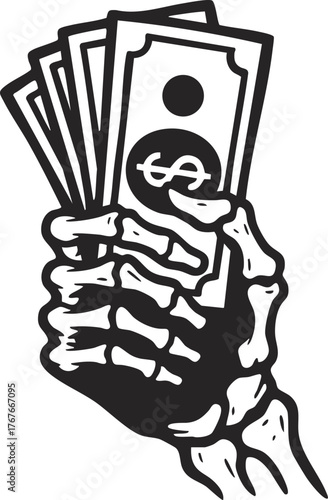 Illustration of Skeleton Hand Holding dollar bills

