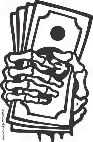 Illustration of Skeleton Hand Holding dollar bills

