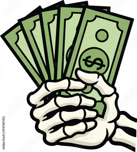Illustration of Skeleton Hand Holding dollar bills

